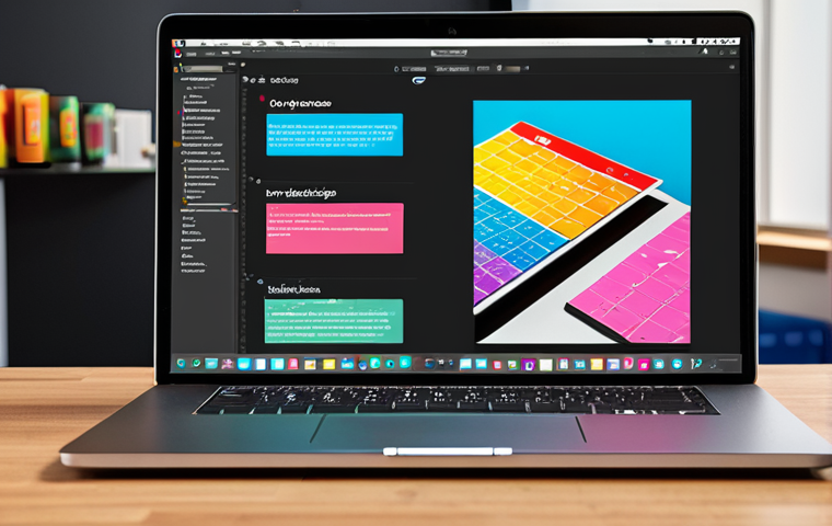 **
A vibrant, modern web design workspace. Show a laptop displaying Adobe Photoshop with a website mockup, surrounded by color palettes from Adobe Color, HTML code snippets, CSS styling examples, and a JavaScript function. Git icons subtly in the background, symbolizing version control. Emphasize creativity and organization.
**