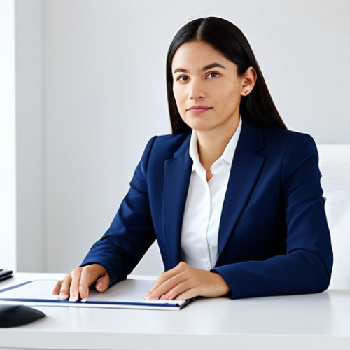 Modern Office Scene**

"A professional businesswoman in a modest dark blue business suit, sitting at a clean white desk in a bright, modern office, fully clothed, appropriate attire, safe for work, perfect anatomy, natural proportions, professional photography, high quality, minimalist design, user-friendly interface elements subtly visible on a nearby computer screen"

**