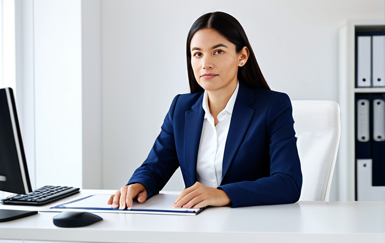Modern Office Scene**
"A professional businesswoman in a modest dark blue business suit, sitting at a clean white desk in a bright, modern office, fully clothed, appropriate attire, safe for work, perfect anatomy, natural proportions, professional photography, high quality, minimalist design, user-friendly interface elements subtly visible on a nearby computer screen"
**