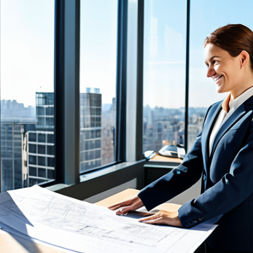 **

"A confident and professional female architect in a modern, sunlit office, reviewing blueprints with a smile. She is fully clothed in a modest, stylish business suit. The office background includes architectural models and a large window overlooking a cityscape. Safe for work, appropriate content, perfect anatomy, professional, high quality, well-formed hands, natural pose, correct proportions, fully clothed."

**